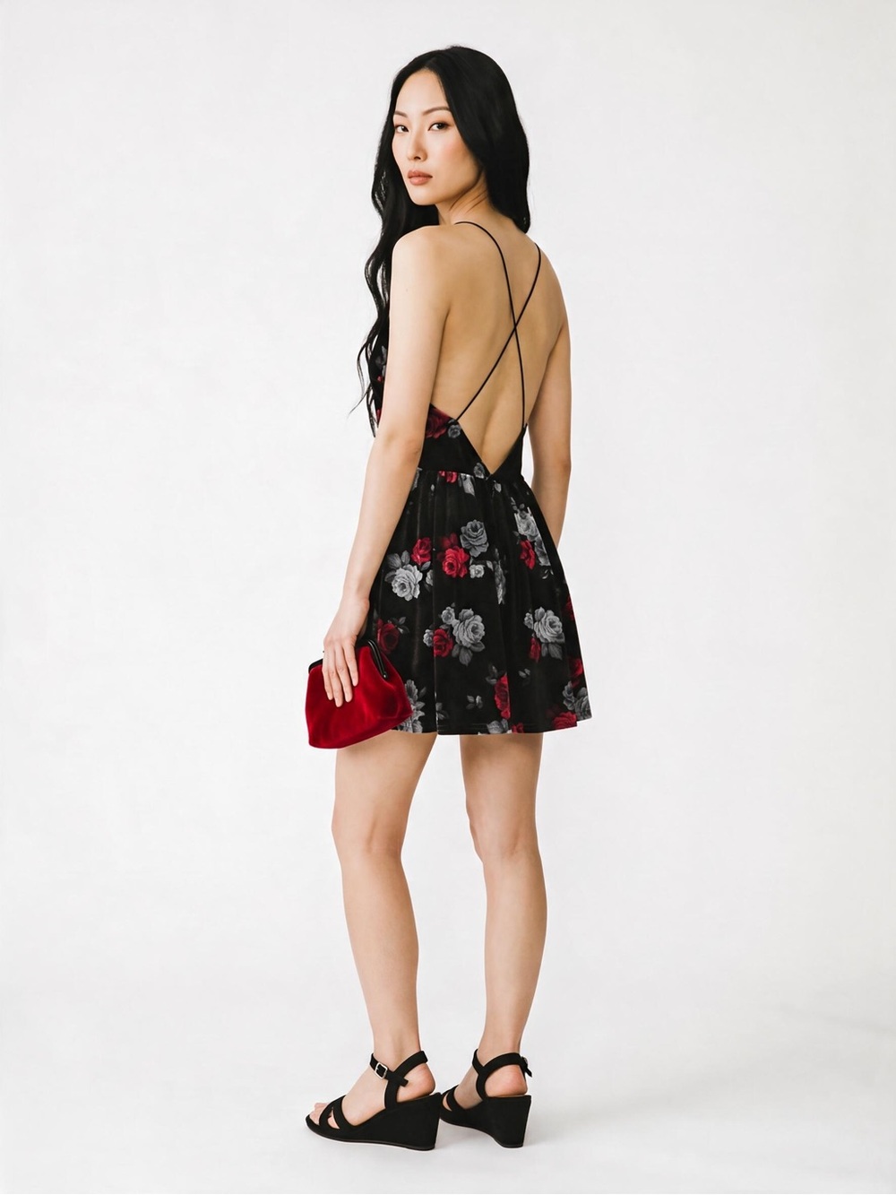 Nobody’s Child Black Floral Velvet Romper US 6 Open Back Rose Playsuit